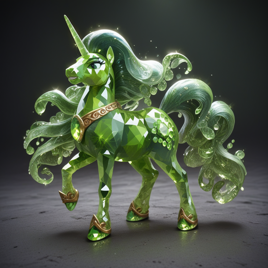 embedding:lazyup, unicorn made of hud_per1d0t_wrld, green gemstone, crystal, gem, shiny, galloping through a prismatic meadow with light-refracting raindrops, ethereal mane, magical aura, hyper-realistic textures <lora:hud_per1d0t_wrld_XLP:1.0000000000000002> <lora:TrendCraft_The_Peoples_Style_Detailer-v2.0A-3_13_2025-PonyXL:0.4000000000000001>