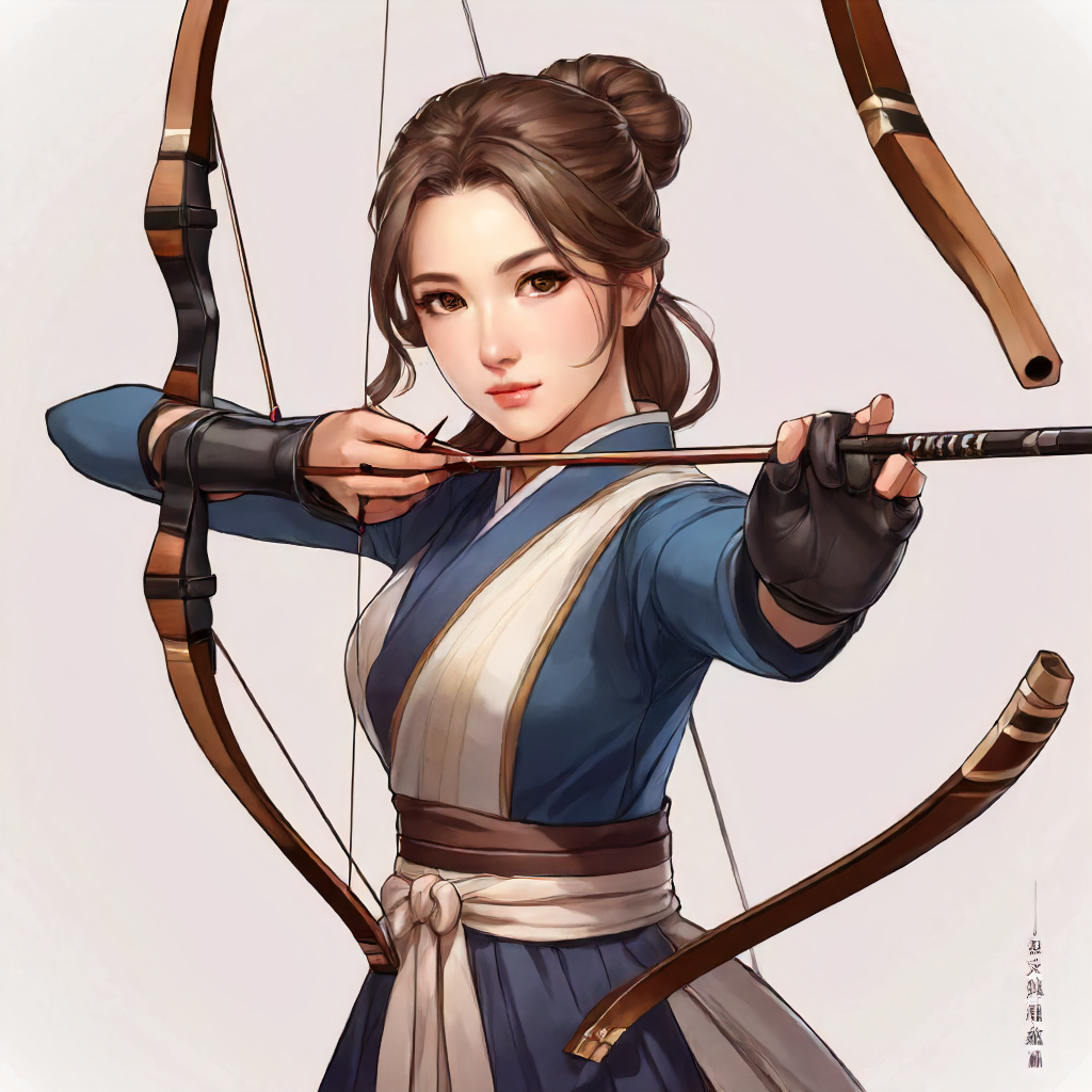 1girl,Bow, Japanese, kyudo, yumi, portrait photo of 1person, d1dress, brown hair, gloves, holding, standing, full body, ponytail, weapon, single glove, bow \(weapon\), partially fingerless gloves, arrow \(projectile\), holding bow \(weapon\), aiming, drawing bow, archery, d1 dress, cloth, beautiful eyes, looking to the camera<lora:mergedarchedlora:0.7>