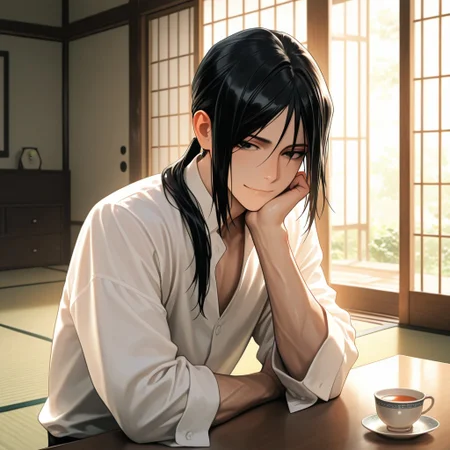masterpiece, best quality, amazing quality, absurdres, newest, detailed background, definition so sharp, Ultra-HD, 8K cinematic, very awa, impressionate, amazing quality, highres,
solo, male focus, manly,
kurohyatogami, kuroh_black hair, kuroh_black eyes, 1boy, low tied hair, long hair,
thoughtful expression, slight smile, tea cup, traditional tatami room, sunlight through shoji, calm, wise, caring, cool, inviting atmosphere, warm, against table