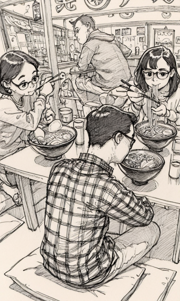 kimjunggistyle, dynamic perspective, detailed ink drawing, short hair, multiple girls, sitting, monochrome, multiple boys, food, glasses, hood, 3girls, cup, sketch, plaid, hoodie, eating, traditional media, table, bowl, chopsticks, graphite (medium), holding chopsticks, cushion, plaid shirt, noodles, ramen, restaurant, black and white sketch, masterpiece, best quality, amazing quality
