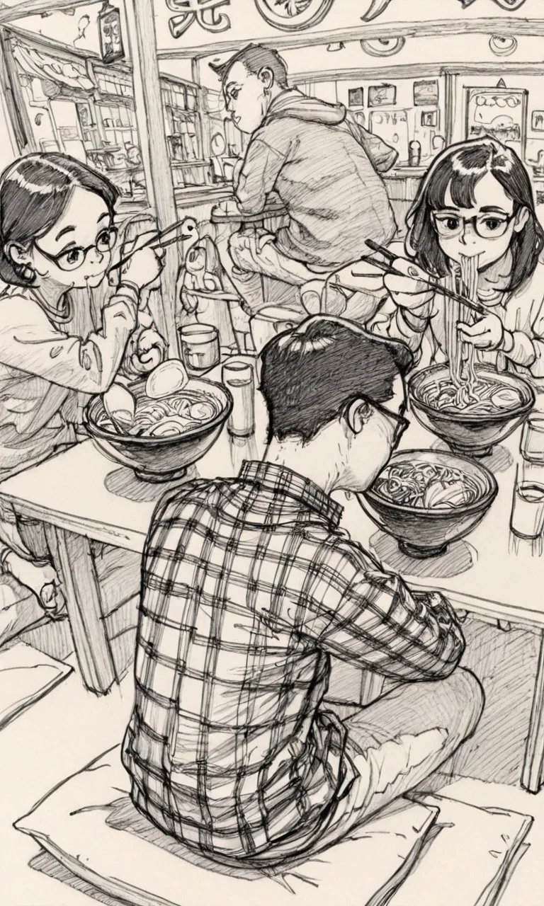 kimjunggistyle, dynamic perspective, detailed ink drawing, short hair, multiple girls, sitting, monochrome, multiple boys, food, glasses, hood, 3girls, cup, sketch, plaid, hoodie, eating, traditional media, table, bowl, chopsticks, graphite (medium), holding chopsticks, cushion, plaid shirt, noodles, ramen, restaurant, black and white sketch, masterpiece, best quality, amazing quality