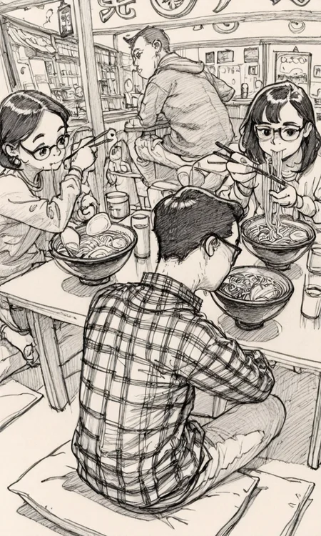 kimjunggistyle, dynamic perspective, detailed ink drawing, short hair, multiple girls, sitting, monochrome, multiple boys, food, glasses, hood, 3girls, cup, sketch, plaid, hoodie, eating, traditional media, table, bowl, chopsticks, graphite (medium), holding chopsticks, cushion, plaid shirt, noodles, ramen, restaurant, black and white sketch, masterpiece, best quality, amazing quality