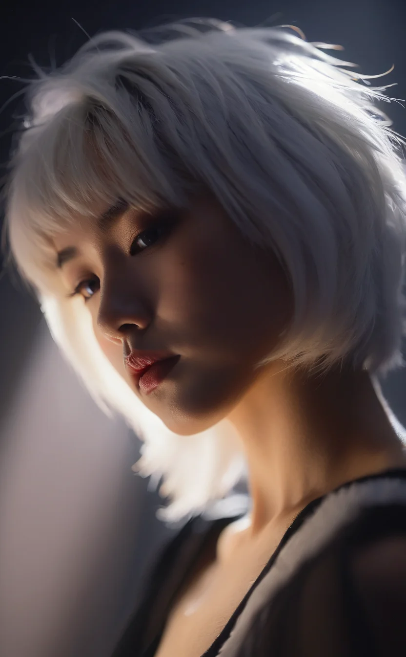 leogirl, an award-winning, intimate 8K raw photograph of a petite, athletic woman with half-shaved, short, white hair adorned with fluffy cat ears. She gazes at the viewer with sharp eyes from a dimly lit, low-key environment. The half-body crop composition is accentuated by a spotlight and rim light, creating deep shadows that enhance the realism of her highly detailed skin. Floating dust particles add a mystical element to this dark, atmospheric scene.