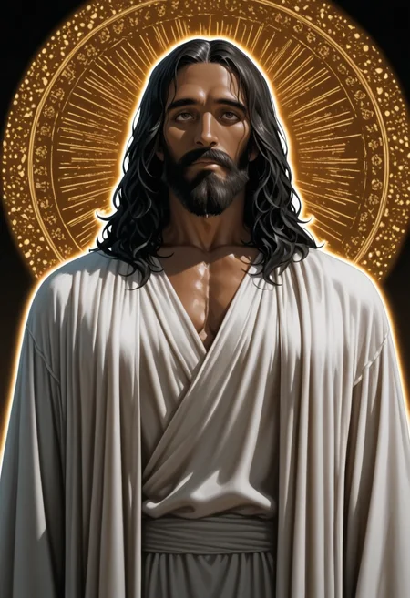 highly detailed, Masterpiece, best quality, high quality, graphic novels illustration, comics, outline,
<lora:Real_Jesus_Christ_ILL:0.8> j35us_sot, 1man, jesus christ, dark hair, long hair, beard, facial hair, olive skin, brown eyes, wearing white robes