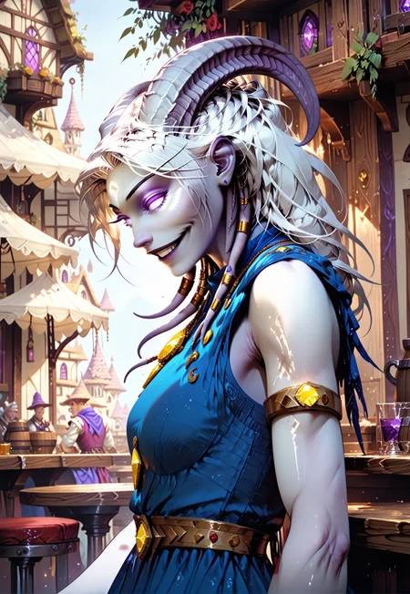 (absurdres, best quality, masterpiece:1.4), score_9, score_8_up, score_7_up, score_6_up, detailed, detailed body, detailed face, world of warcraft, fantasy, <lora:add-detail-xl:1.5>,
culDraenei, purple eyes, no sclera, no pupils,
(blue dress, sleeveless)
upper body, side view, soft smile,
indoor, tavern