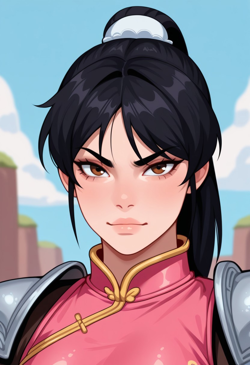 (Portrait, face, looking_at_viewer,  weird, hating:1.5)  simpmasterpiece,,  best quality, amazing quality, highres, absurdres, very aesthetic, high resolution, ultra detailed, perfect details, outdoor, sky, reayon1, 1girl, solo,  white socks, chinese shoes, brown shoes, armor, gloves, black hair, ponytail, pants