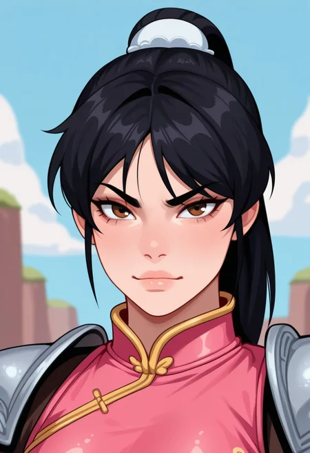 (Portrait, face, looking_at_viewer,  weird, hating:1.5)  simpmasterpiece,,  best quality, amazing quality, highres, absurdres, very aesthetic, high resolution, ultra detailed, perfect details, outdoor, sky, reayon1, 1girl, solo,  white socks, chinese shoes, brown shoes, armor, gloves, black hair, ponytail, pants