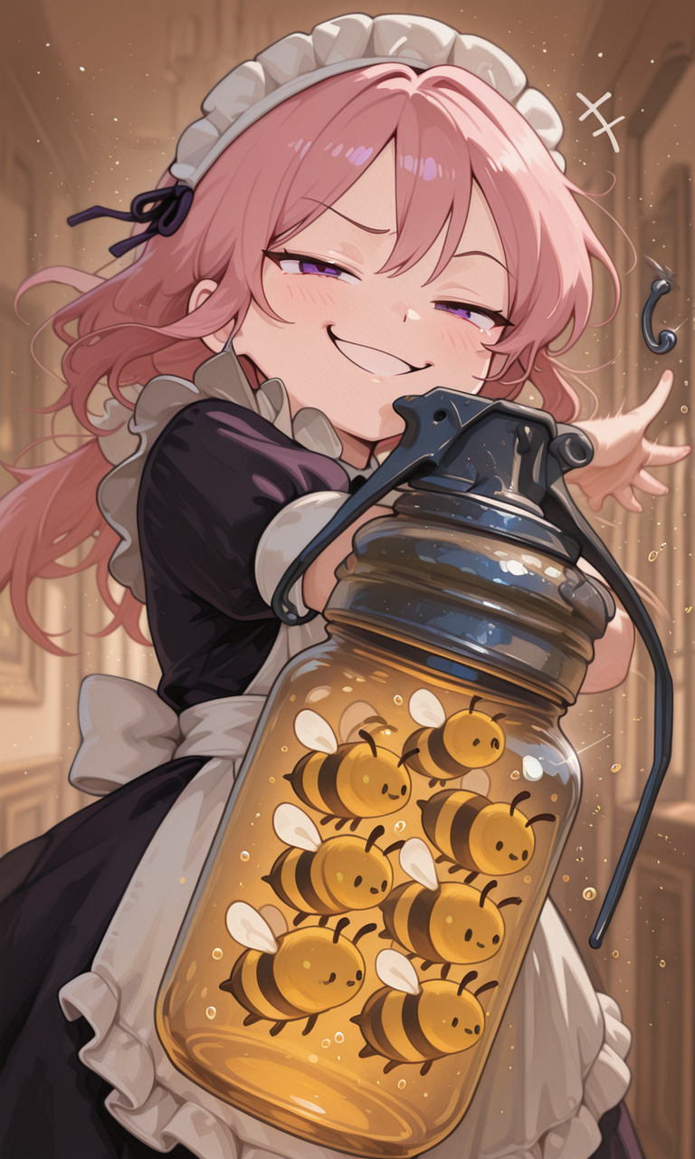 embedding:IllusP0s, 1girl, pink hair, purple eyes, maid outfit, smug, throwing, bee grenade jar,<lora:bee grenade jar_illustrious.safetensors:1.0:1.0> <lora:g00se_v2_ill.safetensors:0.9:0.9> <lora:CivChan.safetensors:0.8:0.8>