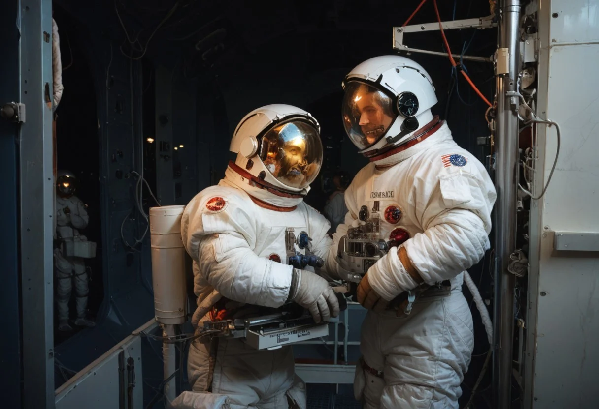 score_9, score_8_up, score_7_up, score_6_up, score_5_up, score_4_up, Gold_Visor, life_support_unit, Skylab_Suit, DVD still from 1981 dark fantasy sci-fi film "Skylab", Astronaut enters the Skylab space station, Apollo, 1981, helmet, space, spacesuit, astronaut