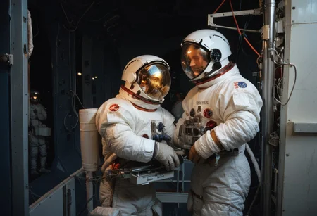 score_9, score_8_up, score_7_up, score_6_up, score_5_up, score_4_up, Gold_Visor, life_support_unit, Skylab_Suit, DVD still from 1981 dark fantasy sci-fi film "Skylab", Astronaut enters the Skylab space station, Apollo, 1981, helmet, space, spacesuit, astronaut