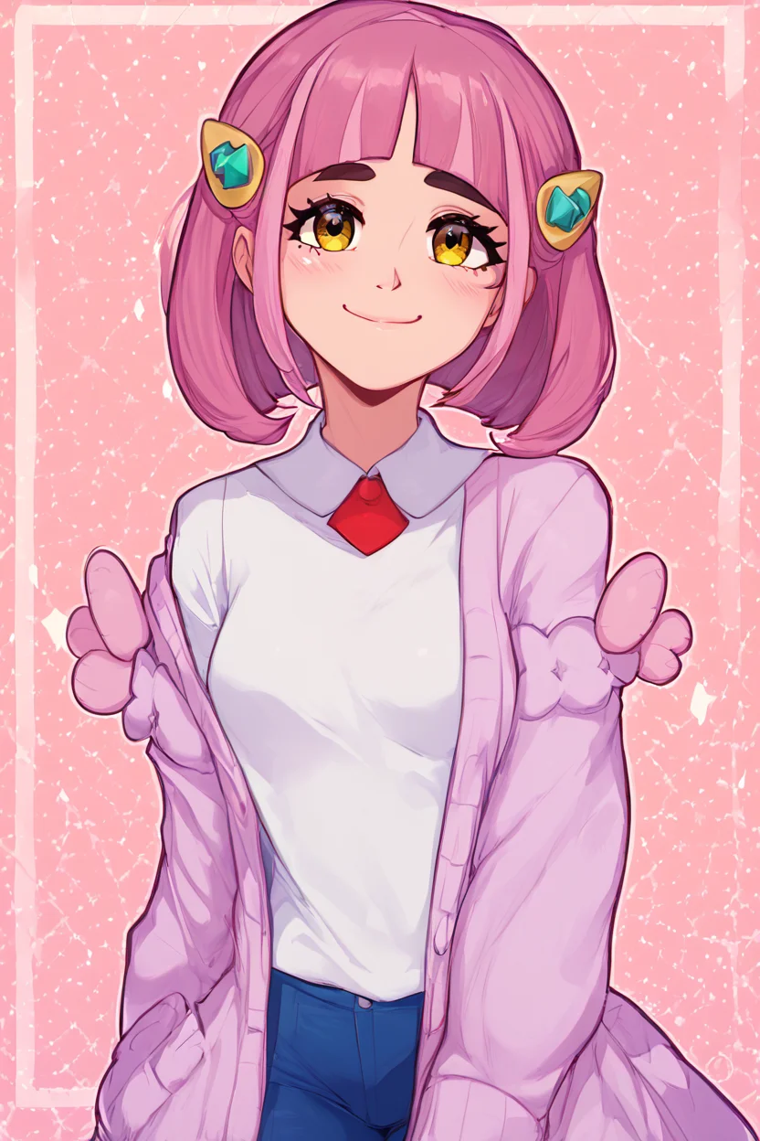 score_9, score_8_up, score_8, medium breasts, (curvy), cute, eyelashes, ,,, , ,,, zzLacey, yellow eyes, pink hair, medium hair, hair ornament, shirt, long sleeves, hairclip, white shirt, cardigan, open clothes, <lora:Lacey_Pokemon_PDXL:1.0>, ,,,, BREAK, <lora:Afrobull_PDXL_v5:0.8>, ,,, BREAK, smile, looking at viewer, closed mouth, cowboy shot, ,,, embedding:zPDXL, Expressiveh, ,,, <lora:SDXLFaeTastic2400:0.5>, <lora:Expressive_H-000001:0.4>,