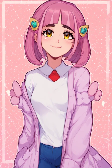 score_9, score_8_up, score_8, medium breasts, (curvy), cute, eyelashes,       ,,, , ,,, zzLacey, yellow eyes, pink hair, medium hair, hair ornament, shirt, long sleeves, hairclip, white shirt, cardigan, open clothes,   <lora:Lacey_Pokemon_PDXL:1.0>,  ,,,, BREAK, <lora:Afrobull_PDXL_v5:0.8>,  ,,, BREAK, smile, looking at viewer, closed mouth, cowboy shot,  ,,, embedding:zPDXL, Expressiveh, ,,, <lora:SDXLFaeTastic2400:0.5>, <lora:Expressive_H-000001:0.4>,
