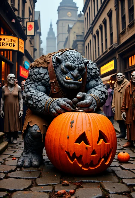 In the bustling, grimy streets of Ankh-Morpork, Sergeant Detritus, the large troll from the City Watch, struggles with an absurd task: trying to fit a pair of handcuffs around an oversized Halloween pumpkin. His stone-like fingers fumble as he crouches over the bright orange gourd, the shiny cuffs reflecting the dingy light of the surrounding buildings. Passersby,who are skeletons and wraiths, stare in bemusement, while in the background, the chaotic energy of the city flows around themâ ghostly merchants shouting, carts clattering, and the faint sound of distant arguments typical of Ankh-Morpork. The cobblestone street beneath them is damp, and Detritusâs serious expression contrasts with the ridiculous nature of his task.