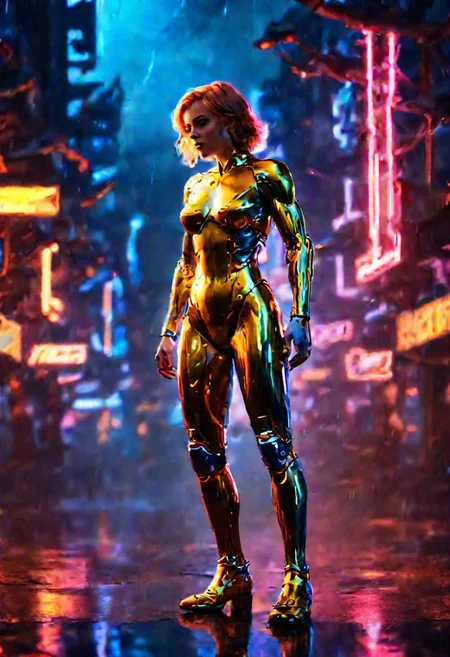 young woman standing on a futuristic street, (raining:2.0), car lights can be seen in the background, super sexy mechanical leotard, midriff, beautiful ass, surrounded by neon colors, 3/4 turned to side, <lora:sdxl_lightning_8step_lora:1>, (photorealistic:1.2), (intricate and beautiful:1.8), interesting setting:2, cute fit 18 year old, girl, young, giant breasts, facing side, (masterpiece, best quality, highres:1.2), <lora:CyborgCosplay_SDXL:1> , CyborgCosplay, mechanical arms, mechanical legs, head gear, futuristic, technological, cybernetic enhancements, Cosmic light in backfront, omnipotent, color graded cinematic, backlight:2, hair light:2, <lora:SDXLFaeTastic2400:0.35> , vibrant whimsical colors, whimsical fantasy, cinematic composition:2, <lora:great_lighting:3> , great lighting,