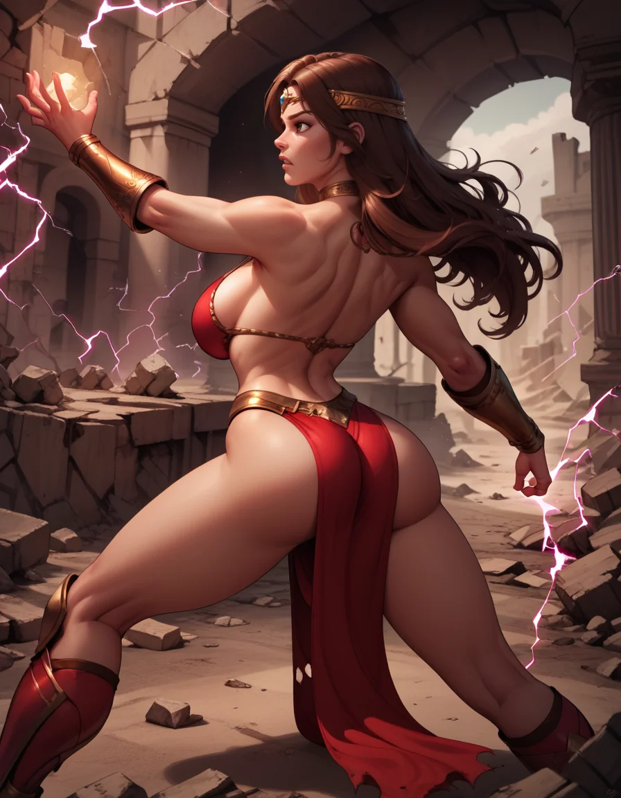 score_9, score_8_up, score_7_up,score_6_up, score_5_up, score_4_up , 1girl,
large breasts,
tflaredg,
long hair, brown hair, brown eyes,
bracer, pelvic curtain, armor, choker, circlet,
red armor, red bikini,
fighting stance,battle, magic,
torn clothes,
from behind, ass,
ruins, debris, electricity,
<lora:Tyris Flare PonyXL v01-000002:1>