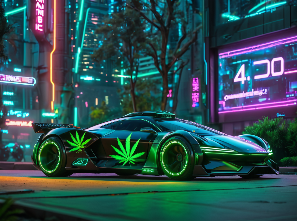 masterpiece,high quality,
420futurism,    <lora:420FuturismXL:0.8>
car, no humans, ground vehicle, , motor vehicle, scenery, outdoors, building, vehicle focus, night, tree, "420" text,futuristic,cyberpunk.neon light
