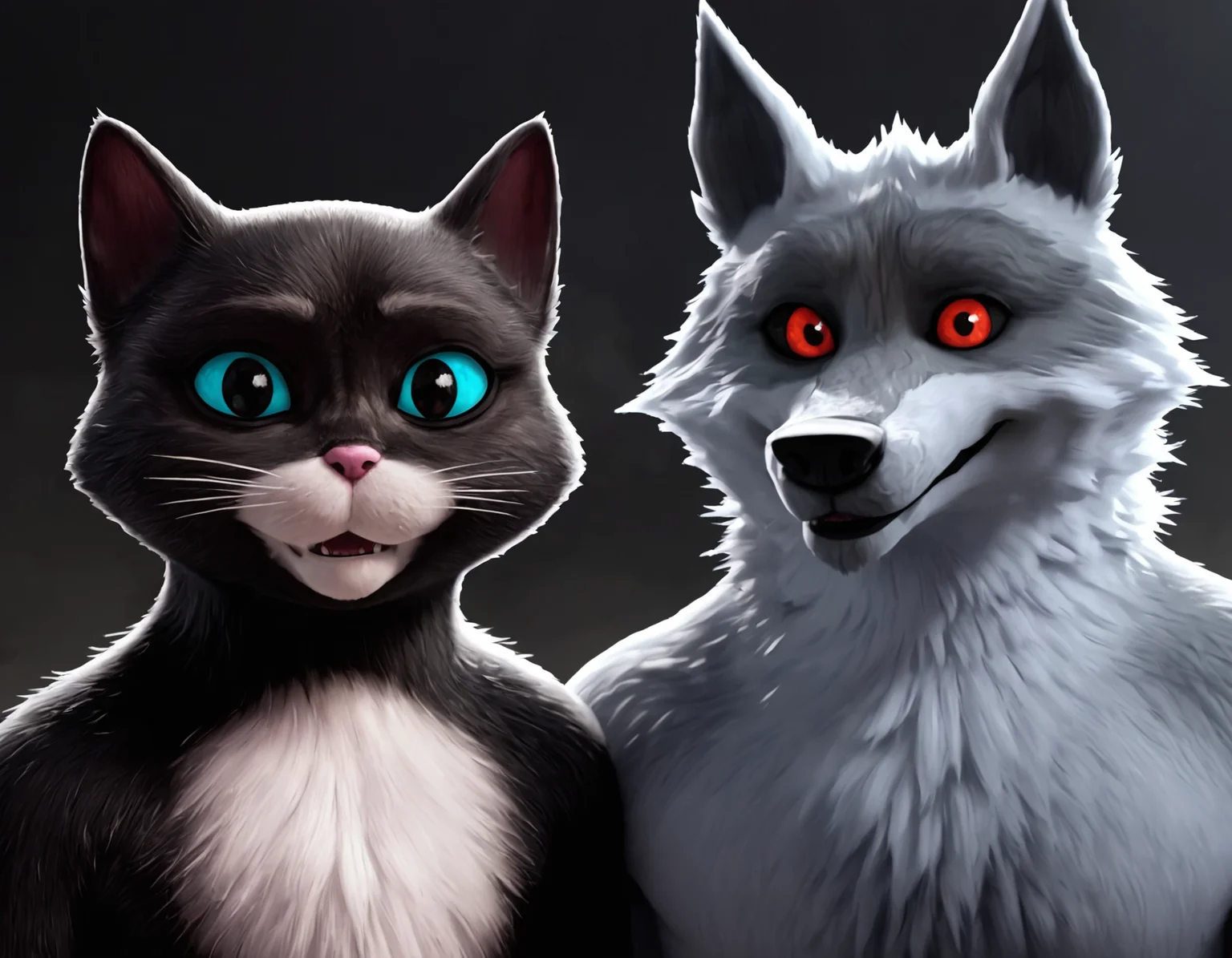 score_9, score_8_up, score_7_up, score_6_up, score_5_up, source_furry, duo, male with female, anthro, looking at viewer, happy, close up,<lora:Dreamworks_Furry_Mix:0.6>
BREAK
KittySoftpaws, 1girl, black cat, two tone fur, white fur on chest, blue eyes, pink cat nose, cat ears,
BREAK
DeathWolf, 1boy, grey wolf, two tone fur, red eyes, black dog nose, dog ears, black cape,
BREAK
in bedroom, bedroom background,