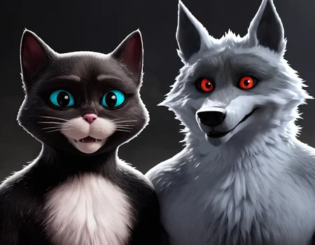 score_9, score_8_up, score_7_up, score_6_up, score_5_up, source_furry, duo, male with female, anthro, looking at viewer, happy, close up,<lora:Dreamworks_Furry_Mix:0.6>
BREAK
KittySoftpaws, 1girl, black cat, two tone fur, white fur on chest, blue eyes, pink cat nose, cat ears,
BREAK
DeathWolf, 1boy, grey wolf, two tone fur, red eyes, black dog nose, dog ears, black cape,
BREAK
in bedroom, bedroom background,