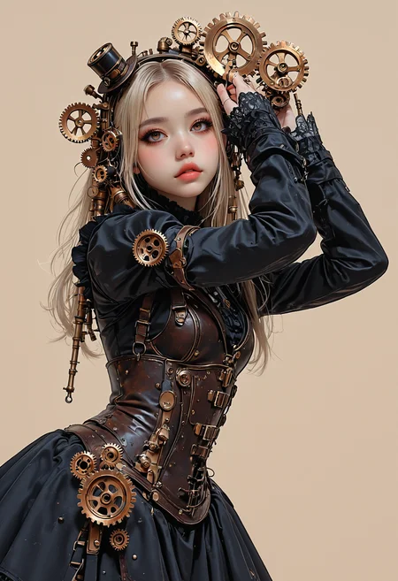 dynamic pose, steampunk themed, 1girl, solo, brass gears doll_joints, beautiful eyes, looking at viewer, cute expression, gothic clothed, beige background
<lora:DRKWB:0.4> <lora:SketchStyle:0.8> Jedsk5tch, sketch, <lora:skzW0rld-IXL:0.6> skzW0rld