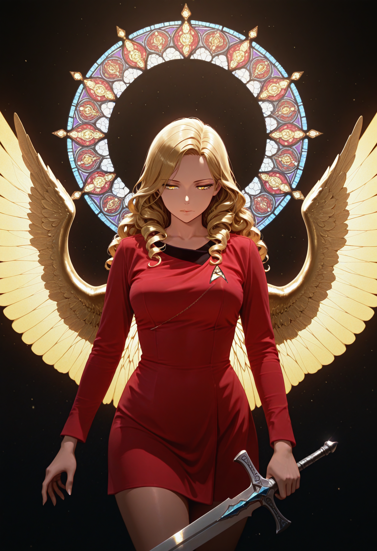 abstract background, colorful, light reflection, a powerful angel spreads her wings exultant against the shimmering void, holding a shining sword, beautiful woman, flawless body, stained glass wings, dark background, 1girl, solo, long golden hair, curly hair, red tos uniform dress,masterpiece,best quality,amazing quality,