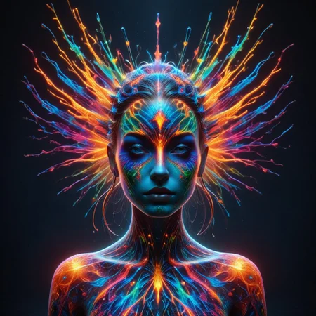 a fire entity whit multicolored flames, professional photography of an fantastical warrior fairy princess entirely made of cyberflies with whimsical elements, swirling magic, eerie fairytale landscape, elaborate fantasy style art, very colorful, intricate details, ultra sharp, exquisite detail, flawless composition, vivid colors, masterpiece, exciting background, TAS, TASvisuals, Psychedelic , Rave, Elaborate , Blacklight , Vibrant , cyberflies, black light paint, blp, Colorful Chaos Cracks and Drops, mad-glowtiedye, made out of,colorful,liquid,Murano Art Glass