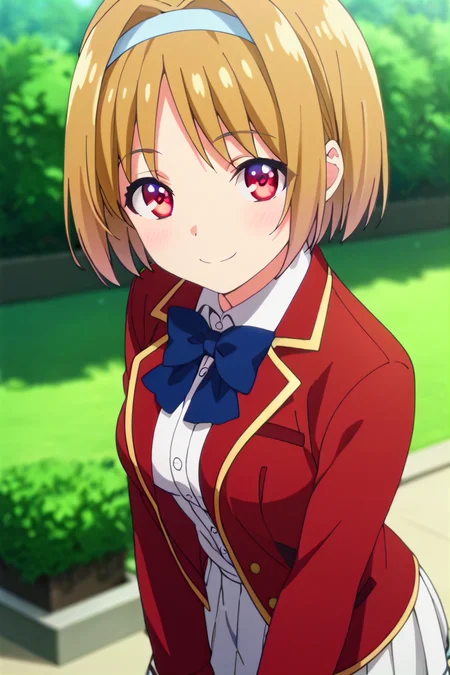 score_9, score_8_up, score_7_up, score_6_up, score_5_up, score_4_up, rating_questionable, , source_anime, digital illustration, pixiv, fanbox, uncensored, , BREAK, official art,
1girl, solo, female, kushida kikyou, short hair, hair intakes, red eyes, hair band, anime screencap,
school uniform, red jacket, white skirt, blue bow, outdoors, light smile, blush, cowboy shot, looking at viewer, <lora:Kushida_Kikyou_Pony-000009:0.9>