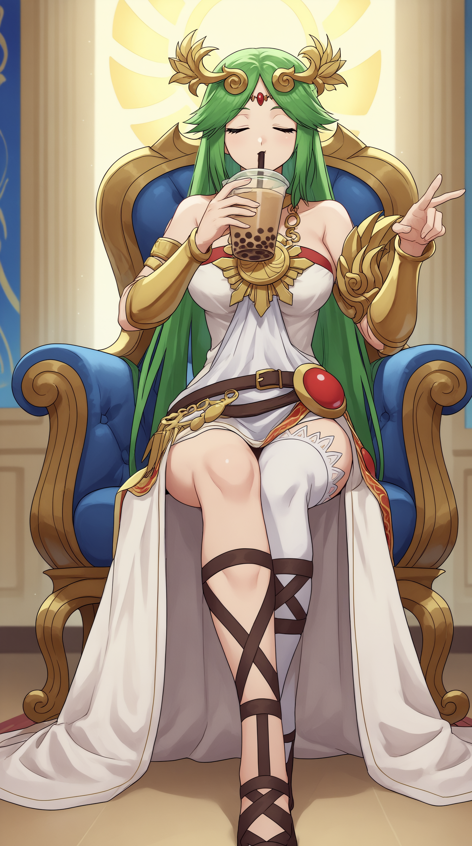score_9, score_8_up, score_7_up,anime_source, source_anime, best background, detailed background, anime screencap, 4k, upscale,  Palutena, main outfit, sitting, drinking, bubble tea, throne, indoors,   <lora:JN_Palutena_Pony:0.8>