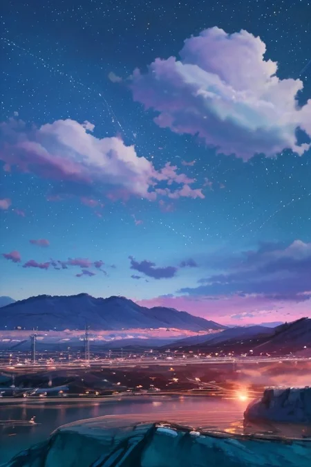 (masterpiece, best quality:1.4), high res, dramatic, scenery, large area sky, starfall, night, sky, stars, <lora:conceptBetterSky_sky:0.7>, puffy clouds, water surface, 3DMM mountain, <lora:Detailed_Places_R-128_v1:0.7>