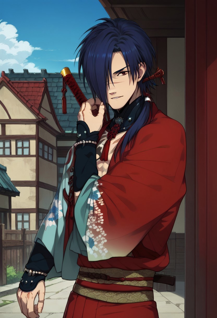 score_9, score_8_up, score_7_up, source_anime, highly detailed, 

koujaku, 1boy, male focus, solo, blue hair, ponytail, long hair, hair over one eye, red eyes, scar, scar on face, japanese clothes, kimono, red kimono, sarashi, midriff sarashi, weapon, katana, hand on own face,

outdoor, sky, buildings, modern,