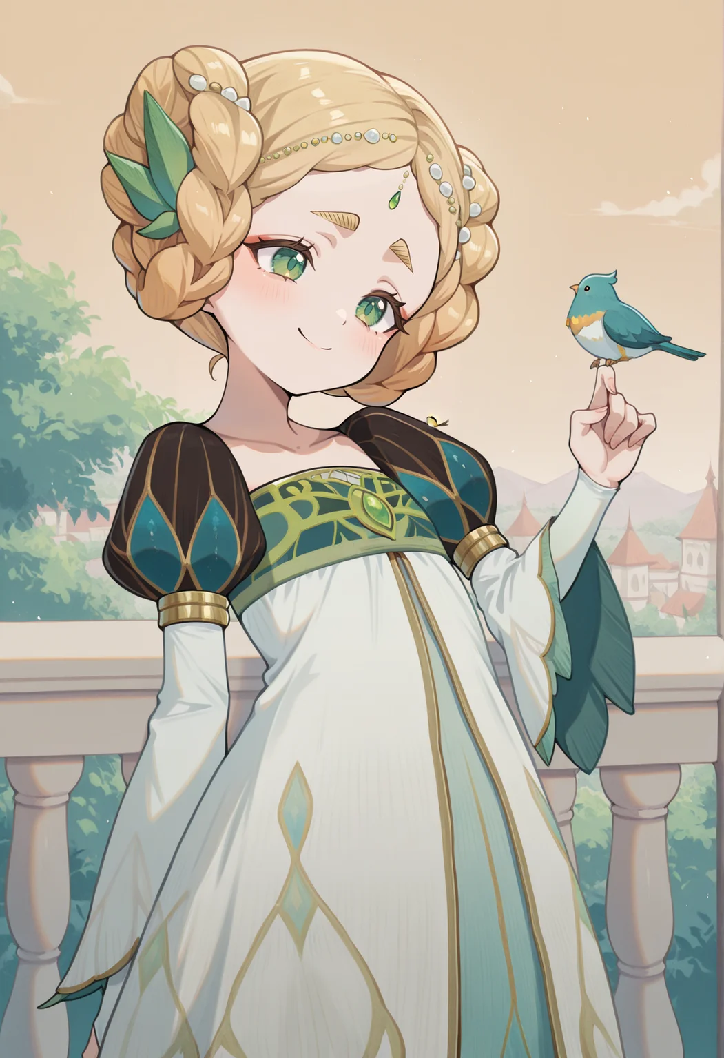 1girl, blonde hair, double bun, braided bun, thick eyebrows, green eyes, hair ornament, jewelry, white dress, puffy sleeves, long sleeves, outdoors, balcony, bird on finger, head tilt, smile, from side, forehead jewel <lora:Hewynn_AFK:1>, masterpiece, best quality, amazing quality, very aesthetic, absurdres, highres, newest