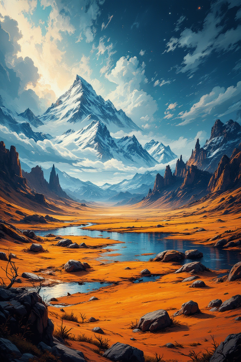 Spooky Art Drawing. This image depicts a stunning, fantastical landscape reminiscent of digital art from MidJourney or Stable Diffusion. The scene is dominated by vibrant orange desert terrain with scattered rock formations and pools of water that reflect the sky. In the background, majestic snow-capped mountains rise against a dramatic sky filled with dynamic clouds. Rays of sunlight pierce through the clouds, casting beams of light across the landscape.

The composition creates a sense of depth and scale, highlighting both the vastness of the desert and the grandeur of the mountain range. The overall mood is serene yet awe-inspiring, capturing the beauty of nature in an almost otherworldly manner. This type of artwork often evokes feelings of wonder and exploration. aidmafluxpro1.1