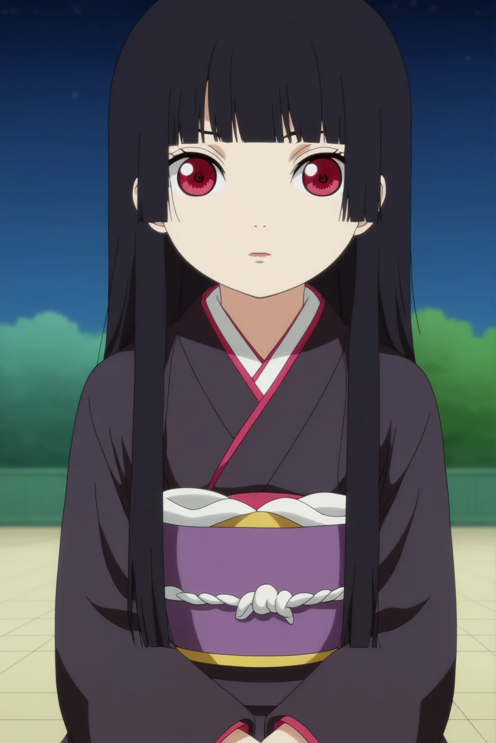ai enma,anime screencap,1girl,solo,hime cut,butterflys,long hair,black kimono,blunt bangs,bangs,looking at viewer,dojo,sitting,japanese clothes,outdoors,Lycoris radiata, horror,night time,upper body,close up <lora:Ai Henma - PDXL2.safetensors:0.8>