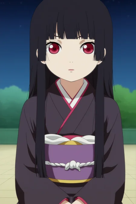 ai enma,anime screencap,1girl,solo,hime cut,butterflys,long hair,black kimono,blunt bangs,bangs,looking at viewer,dojo,sitting,japanese clothes,outdoors,Lycoris radiata, horror,night time,upper body,close up <lora:Ai Henma - PDXL2.safetensors:0.8>