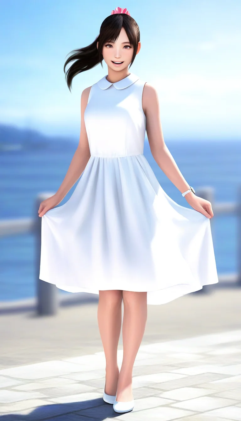 masterpiece,best quality,amazing quality,
<lora:miiyamotohikariNAI:1>,miiyamotohikari,realistic,
1girl,solo,black hair,ponytail,bangs,pink scrunchie,
brown eyes,sleeveless white dress,white wristwatch,
white flat shoes,
standing,full body,parted lips,flowing hair,smile,looking at viewer,
flowing skirt,
day,sea,
soft lighting,bloom,light particles,