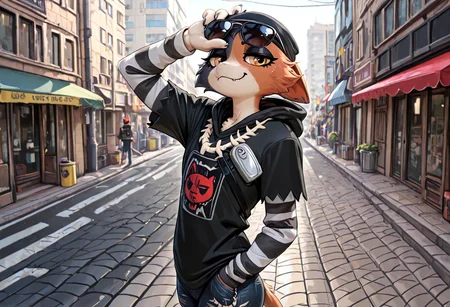 masterpiece, best quality, newest, absurdres, highres, furry, perfect anatomy, mxcaoxzz, multicolored_fur, striped sleeves, black hoodie with graphic, fish bone jewelry, tuna cans strap, denim, ripped jeans, fish bone keychain, sunglasses, eyewear, sunglasses over eyes,  feline, cat, anthro, female, flat chest, solo, solo focus, looking at viewer, standing, smug, smiling, city, streets, sidewalk, sunlight, headshot, hand on head, shocker gesture, shocker, palm out, shockr, wiping sweat, 1girl, solo focus, solo,