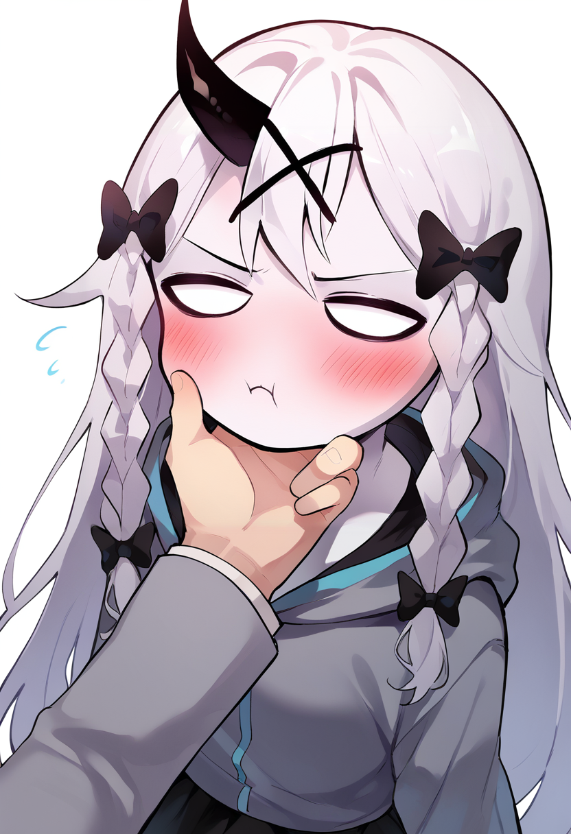 masterpiece, best quality, uncensored, source_anime BREAK score_9, score_8_up, score_7_up, score_6_up, score_5_up, score_4_up, 1girl, solo, rasazyfnf, single horn, white eyes, no pupils, long hair, white hair, white skin, twin braids, x hair ornament, hair bow, Expressiveh, blush, embarrassed, pout, pouty lips, grey jacket, hood, long sleeves, cyan lines, black skirt, white thighhighs, bow, black garter straps, upper body, pov, gr4bch1n, grabbing anothers chin, hand on another's chin <lora:Expressive_H:0.6> <lora:add-detail-xl:0.5> <lora:Rasazy_MFM_Fnf:0.8> <lora:gr4bch1nXLP:0.8>