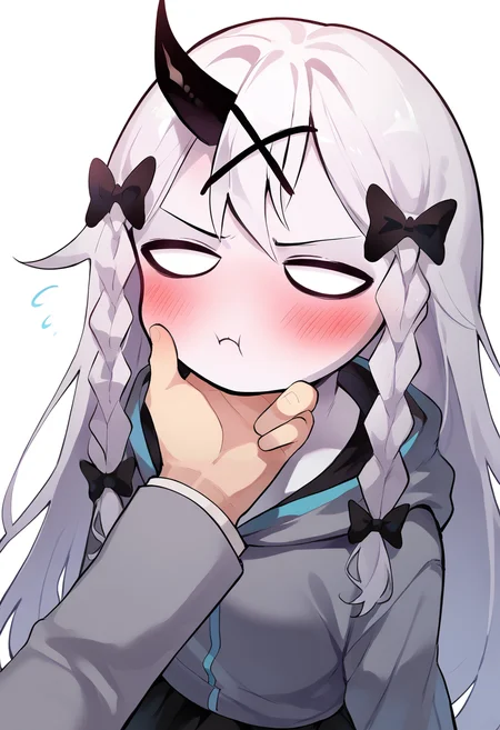 masterpiece, best quality, uncensored, source_anime BREAK score_9, score_8_up, score_7_up, score_6_up, score_5_up, score_4_up, 1girl, solo, rasazyfnf, single horn, white eyes, no pupils, long hair, white hair, white skin, twin braids, x hair ornament, hair bow, Expressiveh, blush, embarrassed, pout, pouty lips, grey jacket, hood, long sleeves, cyan lines, black skirt, white thighhighs, bow, black garter straps, upper body, pov, gr4bch1n, grabbing anothers chin, hand on another's chin <lora:Expressive_H:0.6> <lora:add-detail-xl:0.5> <lora:Rasazy_MFM_Fnf:0.8> <lora:gr4bch1nXLP:0.8>