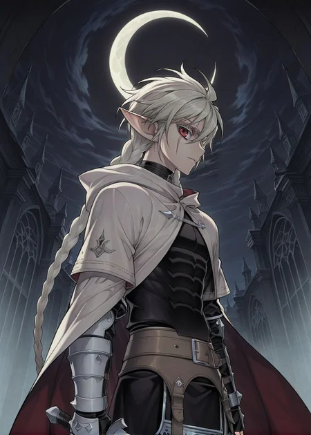 masterpiece, best quality, arms at sides, male focus, 1boy, male, looking at viewer, upper body, crescent moon, night, gothic background, facing to the side, holding sword,
<lora:Koinzell:0.8>, Koinz0l, red eyes, platinum blonde hair, scar across eye, pointy ears, twin braid, platinum blonde eyelashes, cape, hooded cloak,