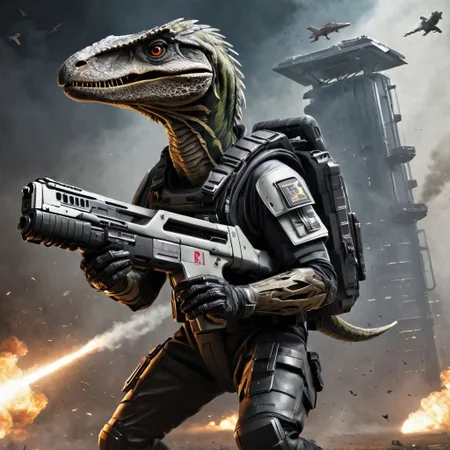 A velociraptor, space armour carrying M41A Pulse Rifle,, smoke, birds flying, realism, detailed,
