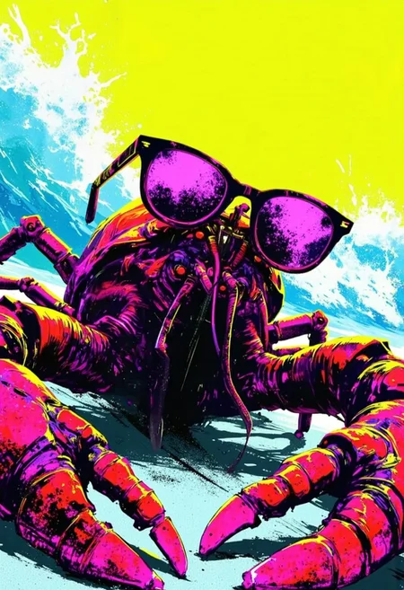 bo-neon, ArcaneFGTNR, a digital illustration in a vibrant, gothic style, 
A giant lobster wearing cool sunglasses, lounging on a sandy beach with waves crashing behind. The lobster's red shell gleams in the sunlight, and its oversized sunglasses reflect the bright blue sky., 
in the style of hauntingly atmospheric dark fantasy, VHS, horror, 80's horror with vibrant colors
 the background is a solid, bright yellow, which contrasts sharply with vivid colors, stand out vividly, the overall composition is dynamic, high quality, ultra detailed, colorful, grainy, cyberpunk fantasy <lora:ArcaneFGTNR.safetensors:1.0:1.0> <lora:Flux\boFLUX Neon Abyss.safetensors:1.0:1.0>