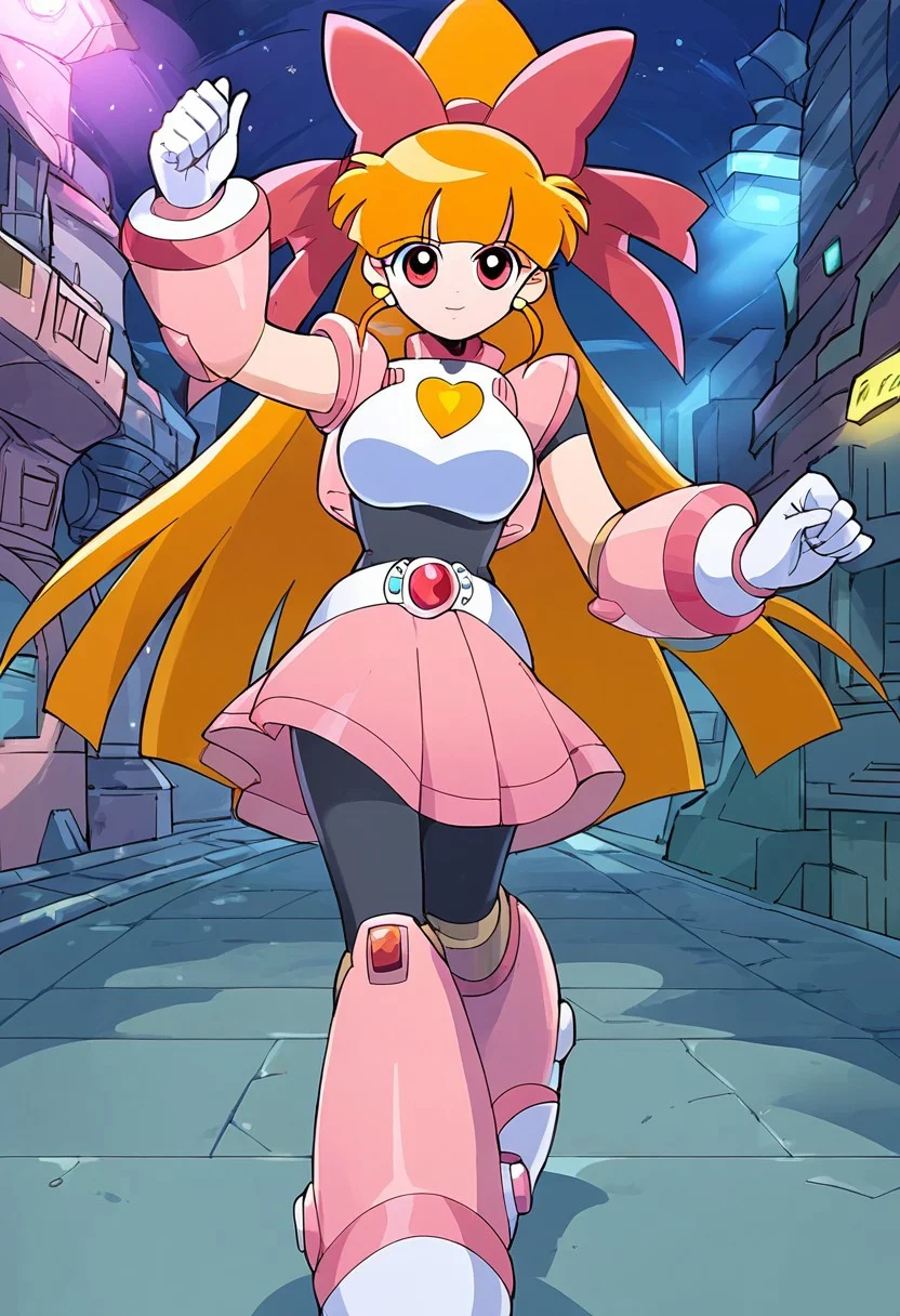 score_9, score_8_up, score_7_up, score_6_up, score_5_up, score_4_up, dynamic lighting, crisp, sharp, Expressiveh, good_hands, megamanreploid, android, black bodysuit, pink armor, white gloves, mature woman, 1girl, solo, momoko blossom, orange hair, long hair, ponytail, sleeveless pink jacket, pink skirt, medium breasts, looking at viewer, pose, dynamic pose, walking towards viewer,