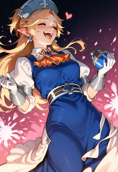 1girl, solo, yukaridef, hat, cross earrings, blue dress, orange ascot, white shirt, white gloves, holding grenade, laughing, leaning back, closed eyes, dark background, pink explosion, heart background, feet out of frame, three quater view, backlightling, masterpiece, best quality, very aesthetic, absurdres