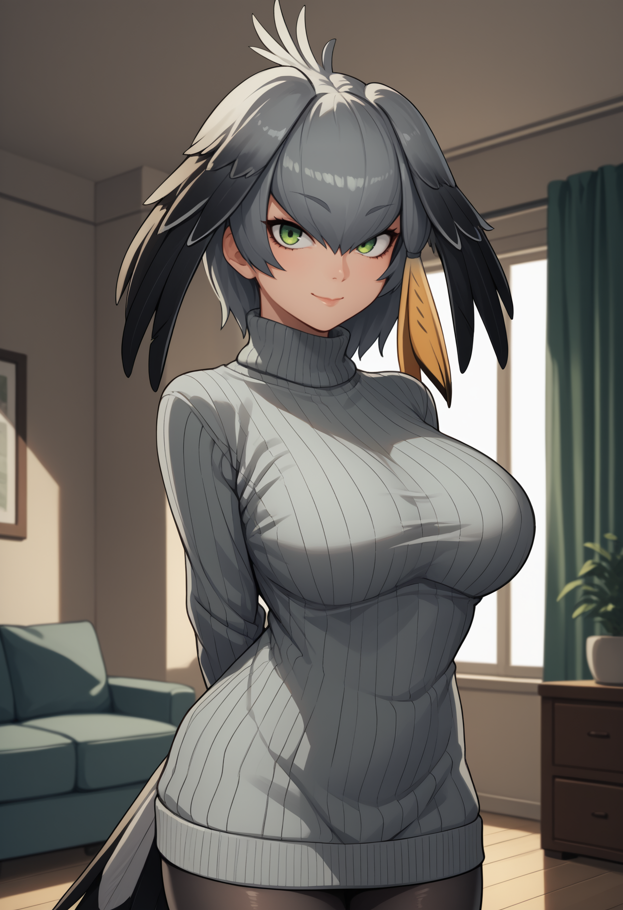 score_9, score_8_up, score_7_up, source_anime, <break> solo, 1girl, sh0ebill, bird wings, bird tail, light smile, closed mouth, looking at you, standing, arms behind back, head wings, green eyes, grey sweater, sweater dress, ribbed sweater, turtleneck, black pantyhose, large breasts, indoors, living room
<segment:yolo-face_yolov8m.pt,0.4,0.5//cid=1>