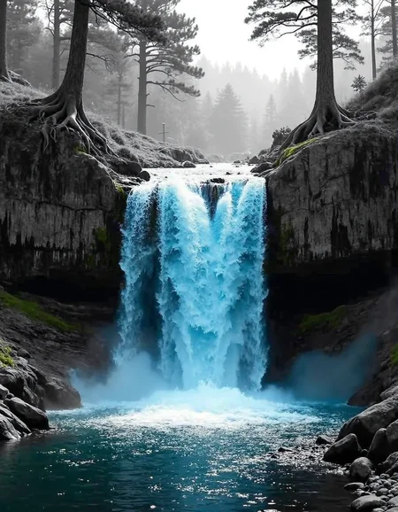 diclrpp, A crystal clear blue waterfall cascades down a moss-covered cliff face, its spray creating a shimmering mist. Sunlight illuminates the cascading water, highlighting its turquoise and azure hues.  The surrounding landscape is bathed in soft black and white tones, emphasizing the vibrant blue of the waterfall.  Towering trees with gnarled branches stand silhouetted against the monochrome backdrop.  The rugged terrain slopes down to a dark, tranquil pool at the base of the falls.  A sense of serenity and awe pervades the scene.
