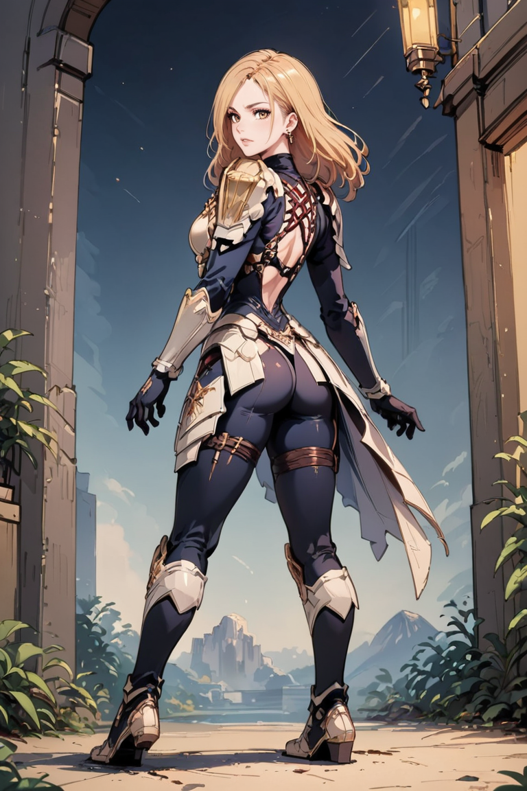 score_9, score_8_up, score_7_up, defkisara, armor,shoulder armor,pauldrons,jewelry,earrings,gloves,breastplate,bodysuit,black gloves, <lora:Expressive_H:0.69> Expressiveh, full body portrait,from behind, looking back, cross-laced clothes,back cutout,dangle earrings, volumetric lighting <lora:Kisara - Tales of Arise - Pony-000003:0.95> <lora:OttoPony:0.8>
