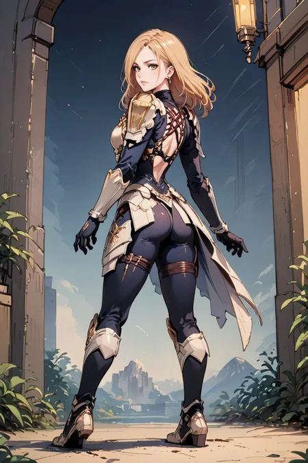 score_9, score_8_up, score_7_up, defkisara, armor,shoulder armor,pauldrons,jewelry,earrings,gloves,breastplate,bodysuit,black gloves, <lora:Expressive_H:0.69> Expressiveh, full body portrait,from behind, looking back, cross-laced clothes,back cutout,dangle earrings, volumetric lighting <lora:Kisara - Tales of Arise - Pony-000003:0.95> <lora:OttoPony:0.8>