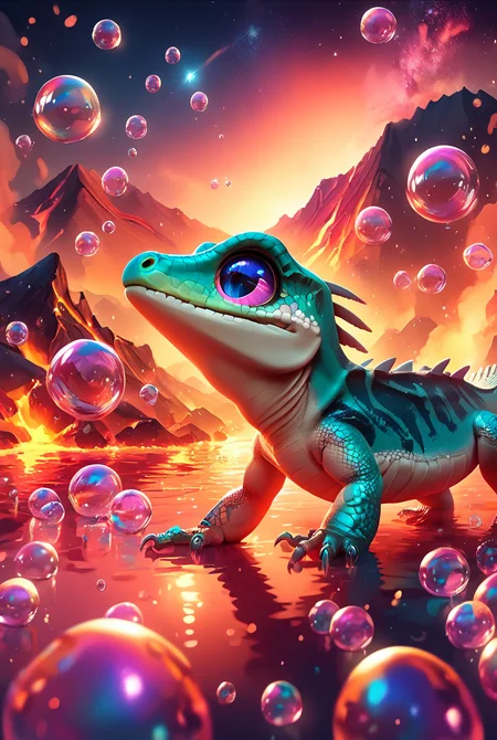 <lora:Dream_Bubble_Pony_r1:1>, dream bubble, adorable fire lizard, big eyes, swimming in the lava, red bubble, volcano, score_9, score_8_up, score_7_up, score_6_up,
