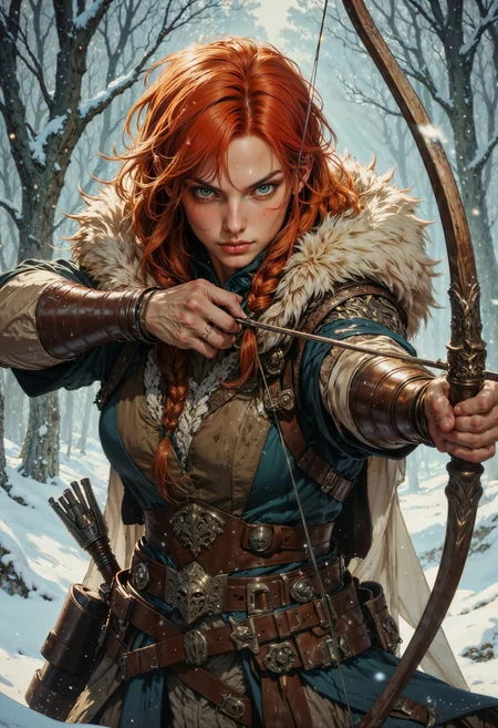 a fierce female archer in a snowy landscape. The style is highly detailed and realistic, with a focus on the subject's intense expression. She has long, vibrant red hair styled in a braid, with snowflakes scattered throughout. Her skin is fair, and her face is marked with subtle freckles and a determined gaze. She wears a fur-lined cloak and leather armor, suggesting a medieval or fantasy setting. The bow is intricately designed, and the arrow is drawn taut, ready to be released. The background is a blurred depiction of a snow-covered forest, enhancing the wintry atmosphere.