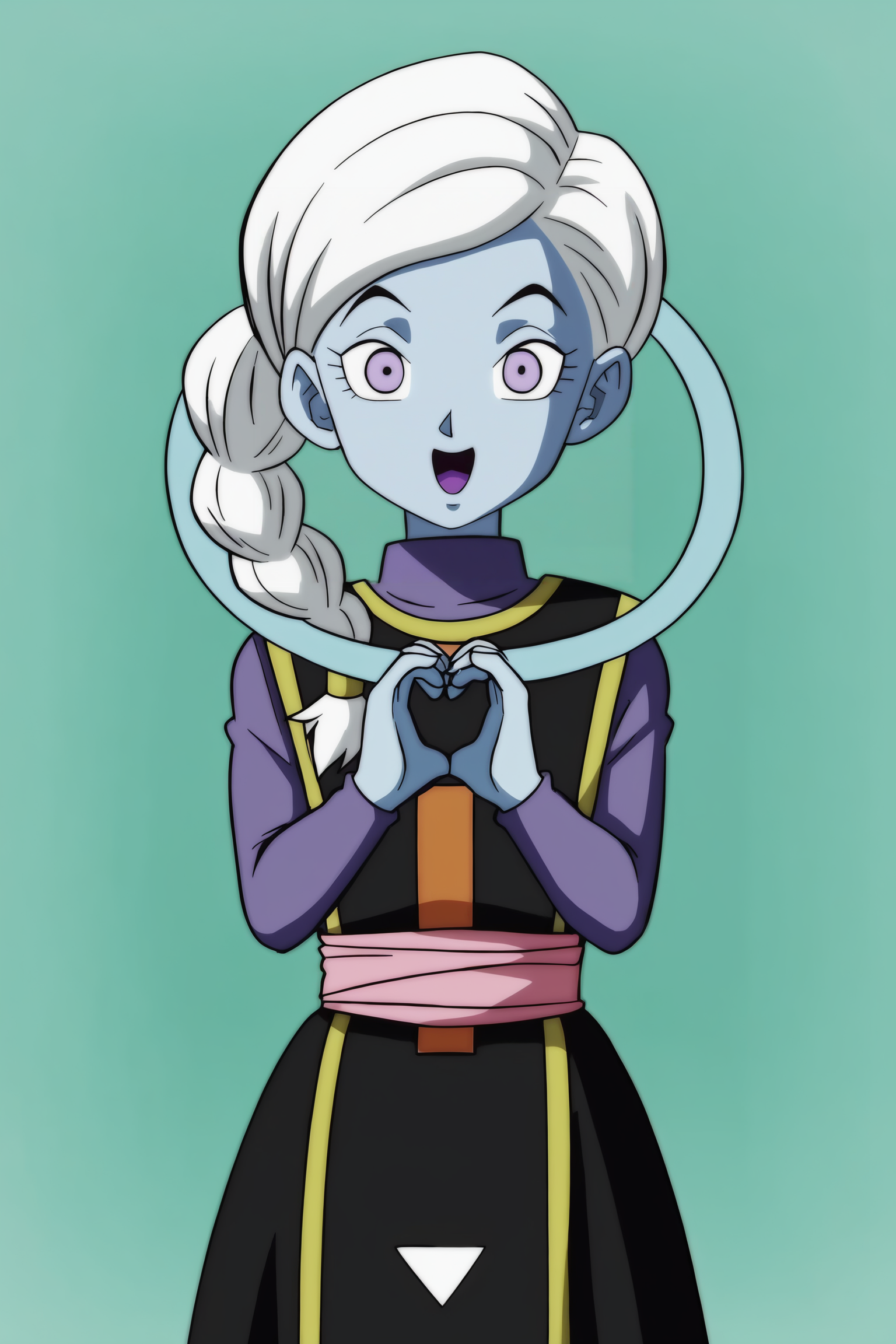 source_anime, score_9, score_8_up, score_7_up, anime screencap, absurdres,
kusu \(dragon ball\), 1girl, solo, braid, single braid, side ponytail, long hair, looking at viewer, smile, open mouth, simple background, green background, purple eyes, white hair, :d, heart, colored skin, blue skin, heart hands, wide-eyed, black dress, cowboy shot, gold trim, neck ring, print dress, purple topwear, raised eyebrows, red sash, sleeveless dress, long sleeves, undershirt, turtleneck
 <lora:Angels_v1:0.8>