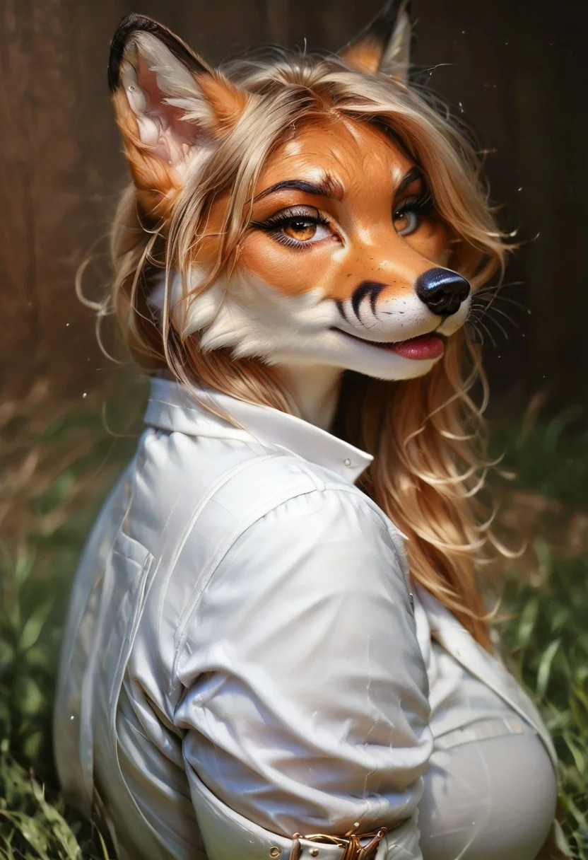 score_9, score_8_up, score_7_up, score_6_up, score_5_up, close up, highly detailed, good_hands, anthro, 1girl, solo, furry, anthro fox, ((female fox)), mature female, (bfox fur), short fur, furry limbs, golden hair, long hair cut, detailed fox snout, detailed fox nose, closed lips. fox tail, chubby, curvy body, thick thighs, big butt, big breasts, light brown eyes, detailed eyes, perfect hands, seductive pose, looking at viewer, wearing white white lab coat, clothed, ample cleavage, (grass field), (morning light), strong light, half body portrait, raw, photo, realistic